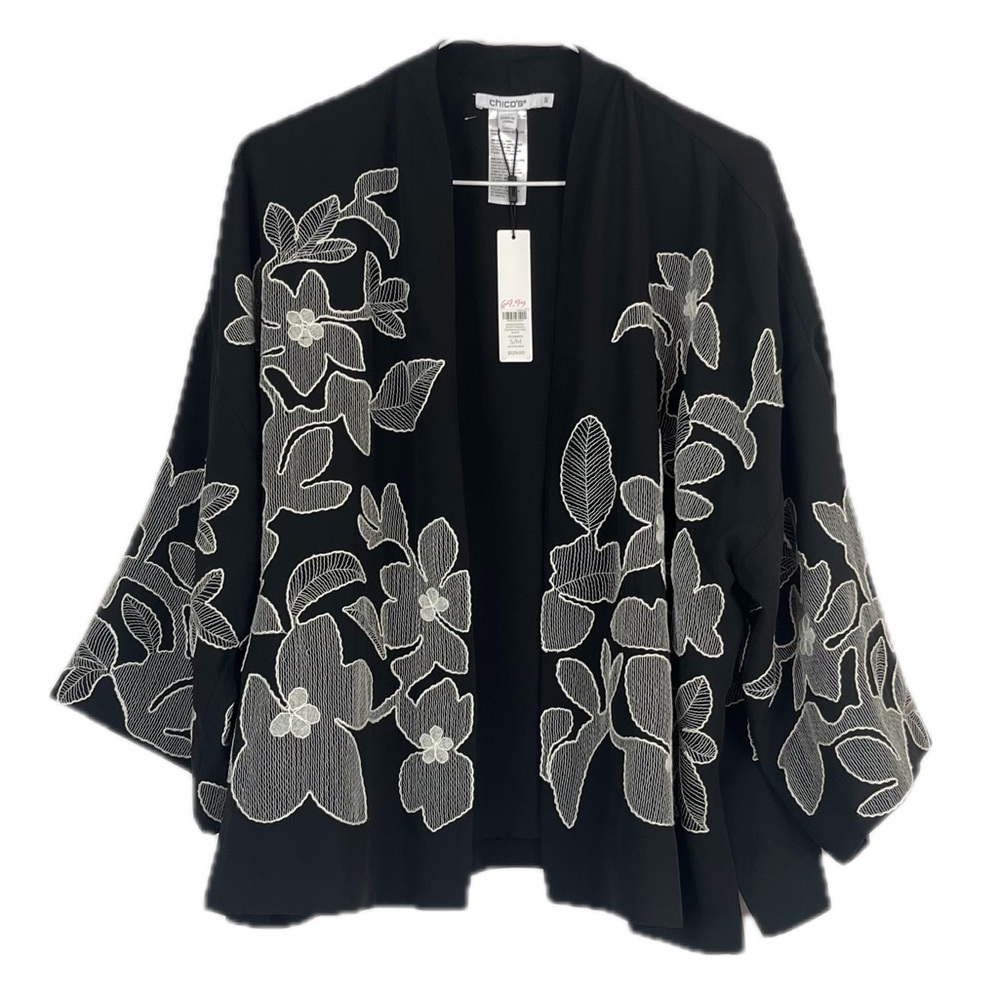 NWT Chico’s Black Embroidered Open Front Jacket Flare Sleeve Size S/M